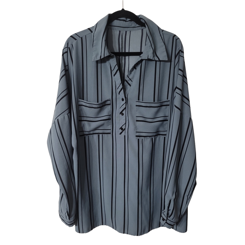 Plus Size Grey and Black Button Down VNeck Striped Shirt 2XL